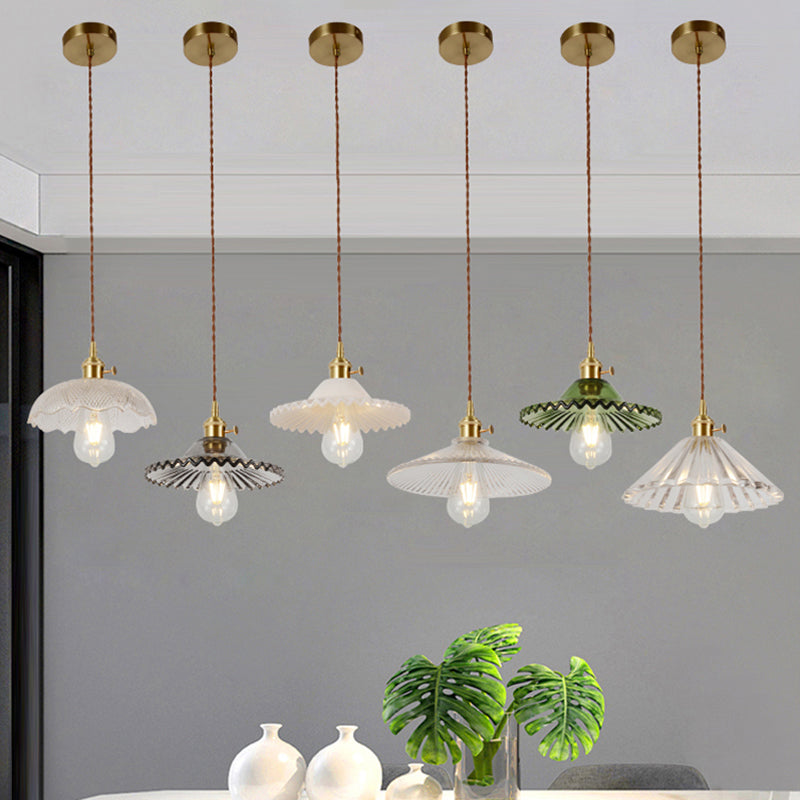 Vintage Ribbed Glass Pendant Lamp In Brass For Dining Room - Single Bulb Hanging Light