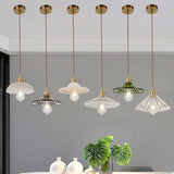 Vintage Ribbed Glass Pendant Lamp In Brass For Dining Room - Single Bulb Hanging Light