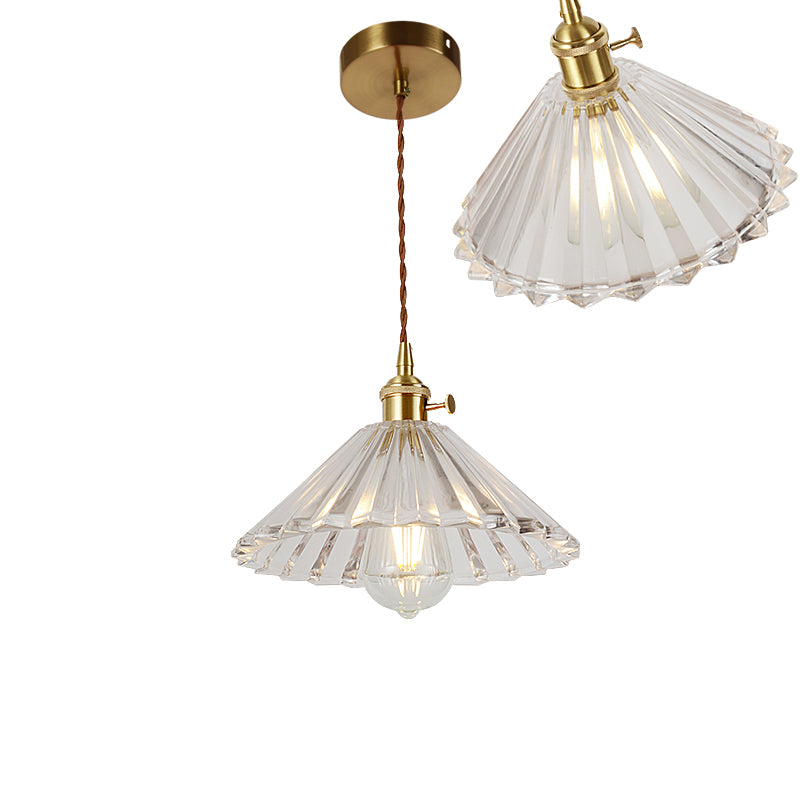 Vintage Ribbed Glass Pendant Lamp In Brass For Dining Room - Single Bulb Hanging Light / K