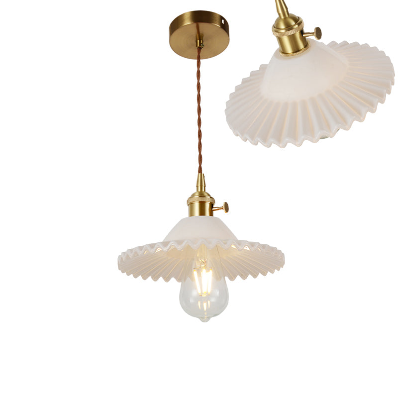 Vintage Ribbed Glass Pendant Lamp In Brass For Dining Room - Single Bulb Hanging Light / J