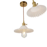 Vintage Ribbed Glass Pendant Lamp In Brass For Dining Room - Single Bulb Hanging Light / J