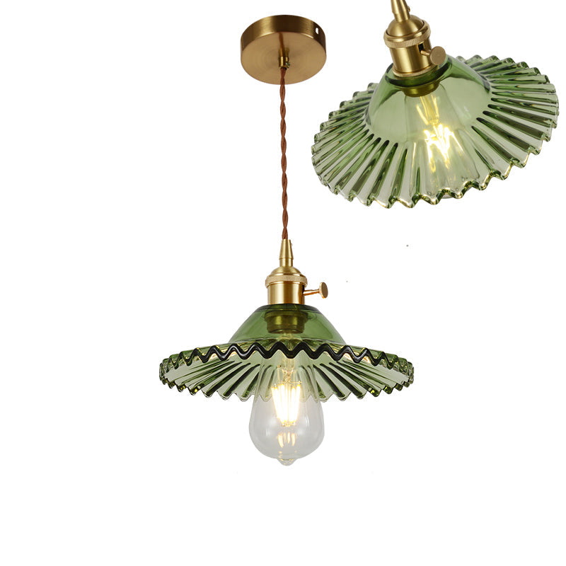 Vintage Ribbed Glass Pendant Lamp In Brass For Dining Room - Single Bulb Hanging Light / H