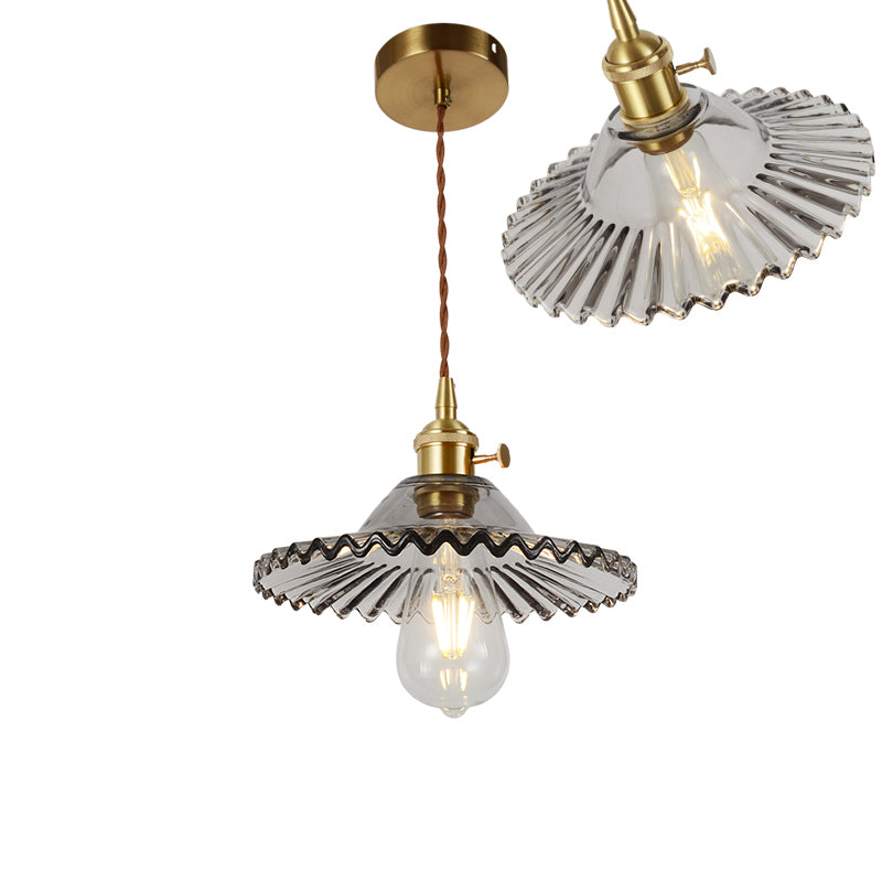 Vintage Ribbed Glass Pendant Lamp In Brass For Dining Room - Single Bulb Hanging Light / G