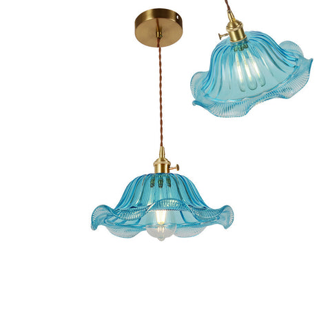 Vintage Ribbed Glass Pendant Lamp In Brass For Dining Room - Single Bulb Hanging Light / E
