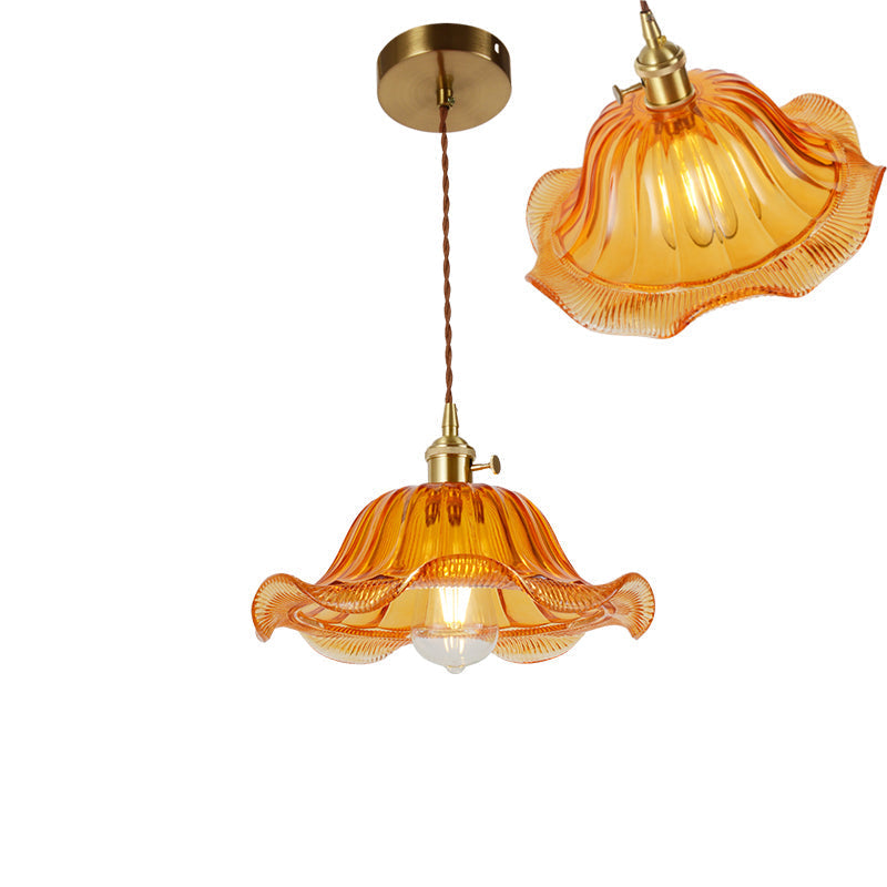 Vintage Ribbed Glass Pendant Lamp In Brass For Dining Room - Single Bulb Hanging Light / D