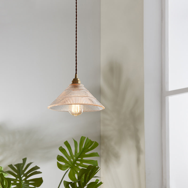 Vintage Cone Ribbed Clear Glass Pendant Lamp - Single-Bulb Hanging Light For Dining Room