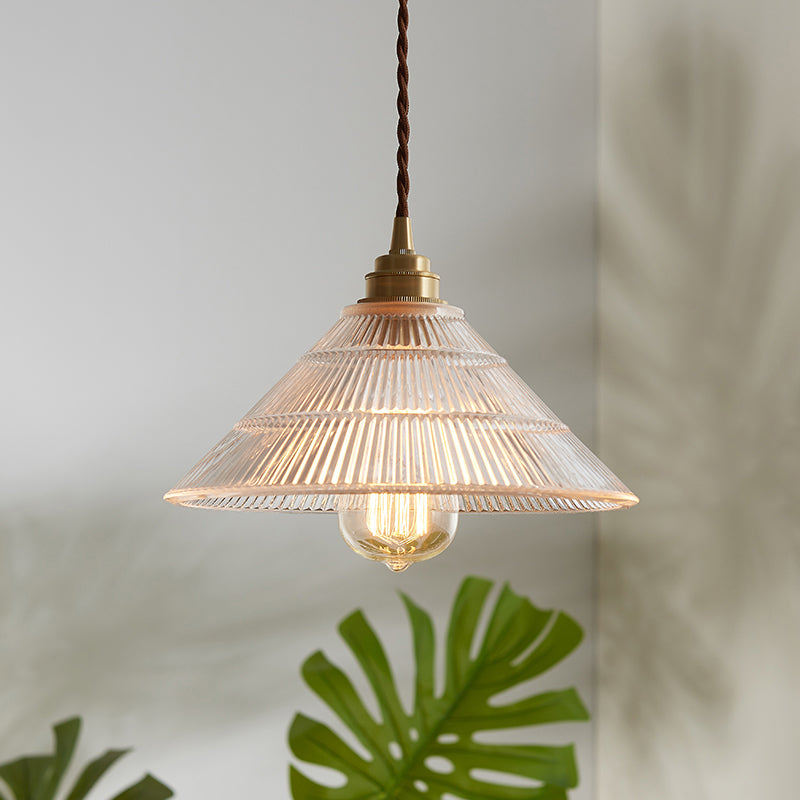 Vintage Cone Ribbed Clear Glass Pendant Lamp - Single-Bulb Hanging Light For Dining Room