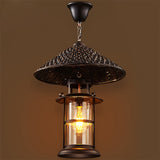 Retro Single Pendant Ceiling Light With Glass Shade - Straw Hat Metal Suspension Lighting For