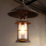 Retro Single Pendant Ceiling Light With Glass Shade - Straw Hat Metal Suspension Lighting For