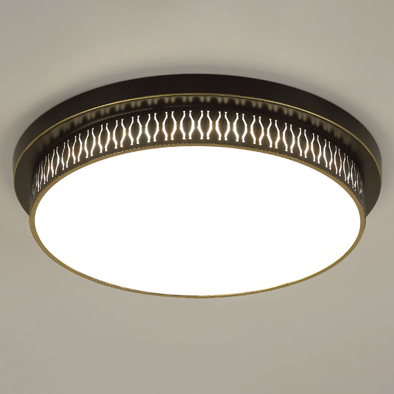 Black Round Led Flush Light - Rustic Acrylic Living Room Ceiling Fixture With Filigree Design /