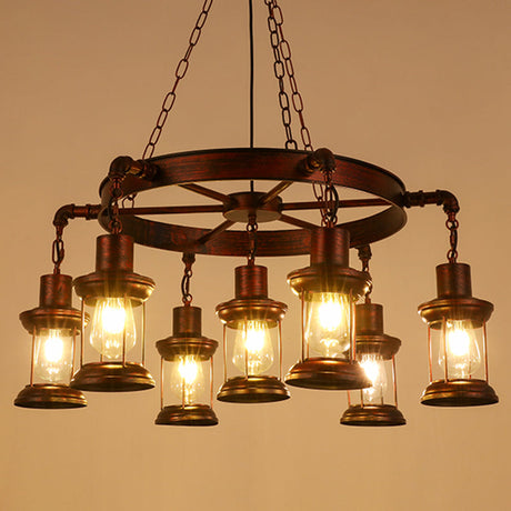 Bronze Iron Pendant Light With Clear Glass Shade - Industrial Wagon Wheel Chandelier 7 / C