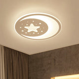 Metallic Led Flush Mount Ceiling Light For Kids Bedroom – Modern White Crescent And Star Design