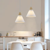 Simplicity Fabric Pendant Light With Wooden Top For Dining Room - Tapered Suspension 1-Light White