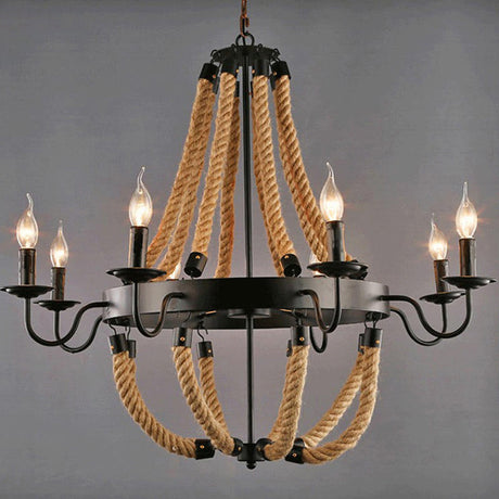 Rustic Iron Flaxen Candlestick Chandelier - Pendant Lighting With Hemp Rope For Living Room