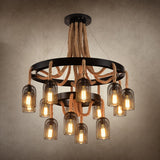 Cylinder Iron Chandelier Light: Vintage Pendant Fixture With Dangling Rope Black Color For