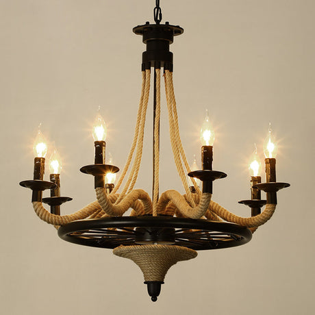 Rustic Hemp Rope Chandelier - Black Dangling Suspension Light For Restaurants 8 / C
