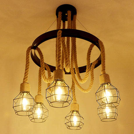 Industrial Black Hemp Rope Chandelier Light Fixture - Circular Iron Ceiling Lighting For Restaurants
