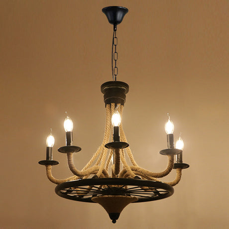 Industrial Black Hemp Rope Chandelier Light Fixture - Circular Iron Ceiling Lighting For Restaurants