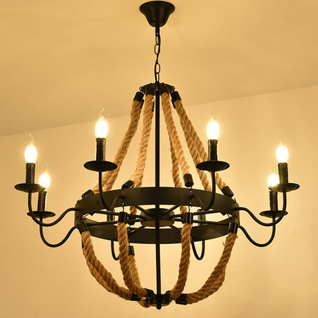 Industrial Black Hemp Rope Chandelier Light Fixture - Circular Iron Ceiling Lighting For Restaurants