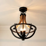 Retro Style Iron Pendant Light With 3 Bulbs And Hemp Rope - Chandelier Lighting Black