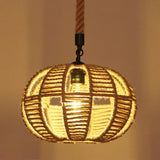 Industrial Hemp Rope Caged Ceiling Pendant Light With Flaxen Finish - Ideal For Restaurants / D