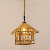 Vintage Hemp Rope Pendant Light In Brown For Restaurants - 1-Light Antique Caged Design / M