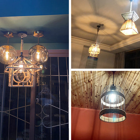 Rustic Hemp Rope Caged Pendant Light Fixture - Brown 1 Bulb Ideal For Restaurants