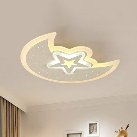 Contemporary Acrylic Flush Mount Ceiling Light With Crescent And Star Design - White Led Lighting