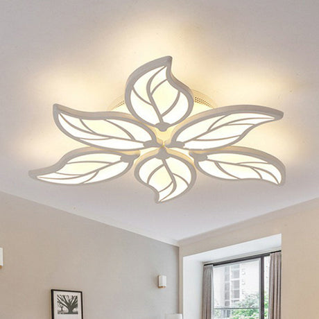Leaf Led Semi Flush Mount Light In White Acrylic For Simple Living Room Ceiling 6 / Warm