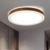 Wooden Led Flush Mount - Minimalist Round Light Fixture For Bedroom In Brown