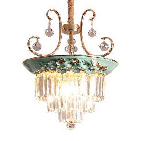 Retro Crystal Hanging Chandelier - Green Tiered Pendant Light For Living Room