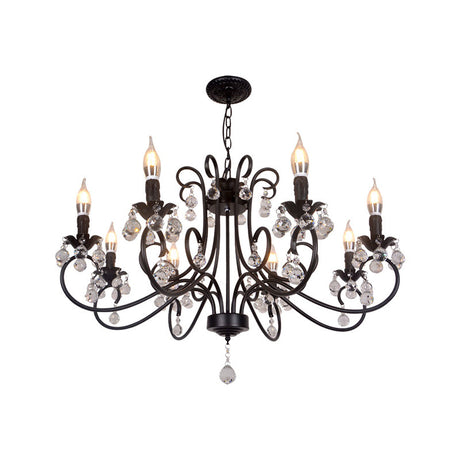 Vintage Bent Arm Frame Ceiling Light With Crystal Drop - 6/8 Lights Black Suspension For Living Room
