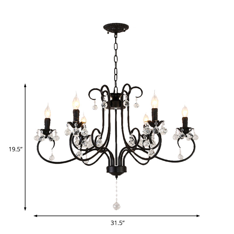 Vintage Bent Arm Frame Ceiling Light With Crystal Drop - 6/8 Lights Black Suspension For Living Room