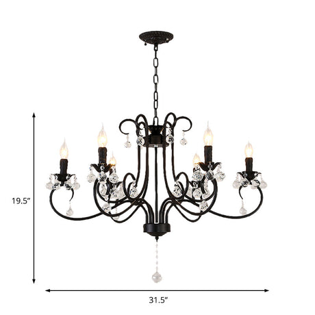 Vintage Bent Arm Frame Ceiling Light With Crystal Drop - 6/8 Lights Black Suspension For Living Room