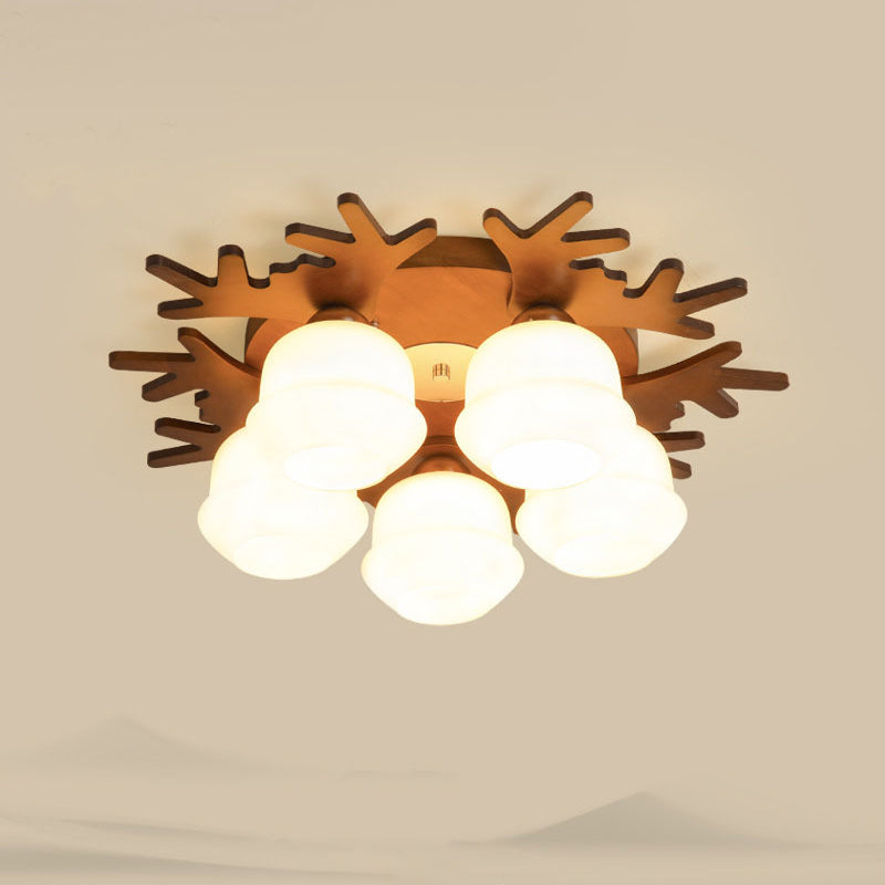Nordic-Style Wood Flush Ceiling Light With Antler Design And White Glass Shade