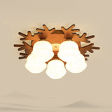 Nordic-Style Wood Flush Ceiling Light With Antler Design And White Glass Shade