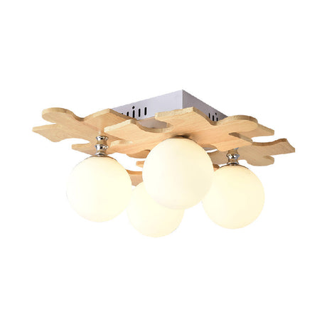 Japanese Style Round Flush Mount Ceiling Light Fixture With White Glass And Wooden Accent - 4 Bulb