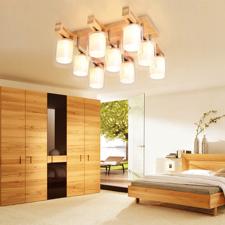 Wooden Double-Layer Glass Flush Mount Chandelier For Living Room Ceiling - Simplicity In Design 9 /