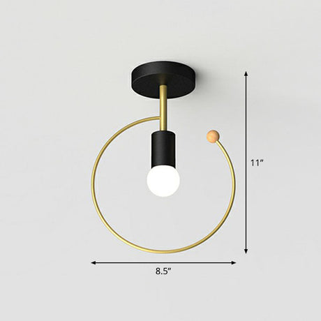Vintage Geometric Metal Semi Flush Ceiling Light - 1-Light Corridor Mount Fixture Black / Round