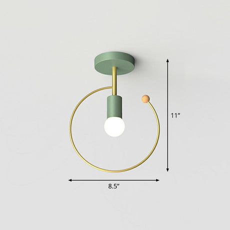 Vintage Geometric Metal Semi Flush Ceiling Light - 1-Light Corridor Mount Fixture Green / Round