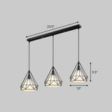 Antique Conical Fabric Hanging Light Pendant With Diamond Cage - 3 Heads For Dining Room &