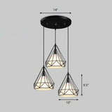 Antique Conical Fabric Hanging Light Pendant With Diamond Cage - 3 Heads For Dining Room &