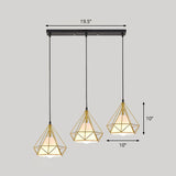 Simplicity Diamond Frame Iron Ceiling Light With 3 Multi Bulbs For Restaurant Gold / Linear