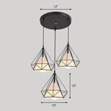 Simplicity Diamond Frame Iron Ceiling Light With 3 Multi Bulbs For Restaurant Black / Round