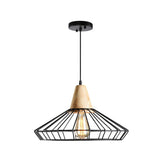 Antique Iron Hanging Pendant Light With Cage Shade & Wooden Top In Black