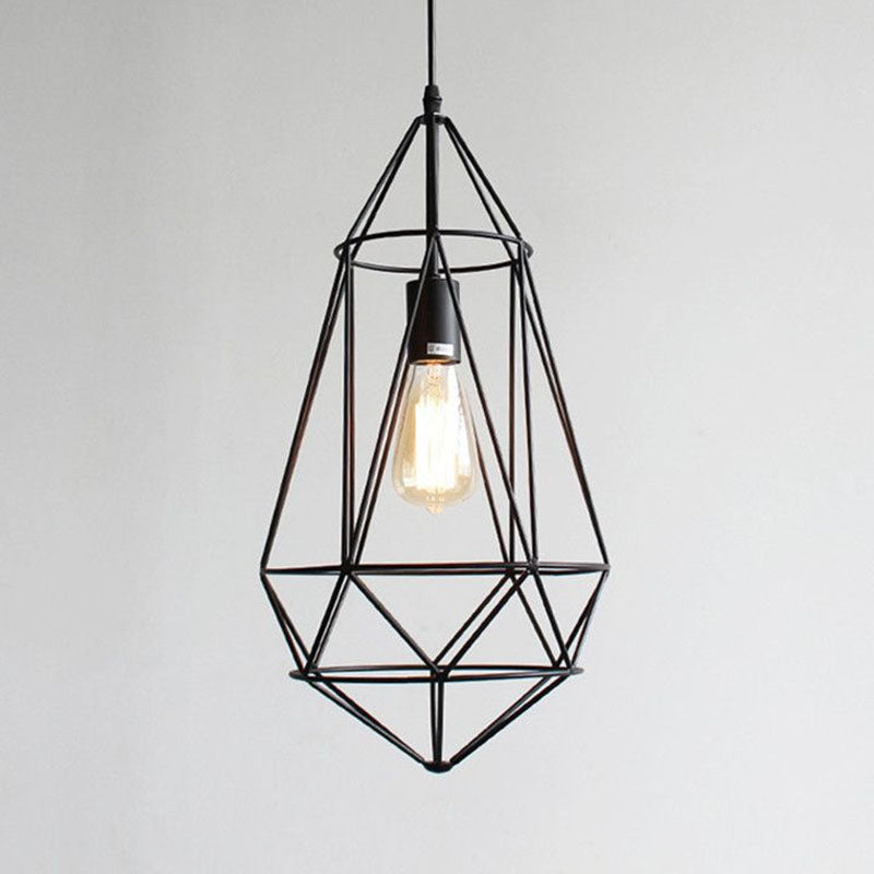 Retro Style Iron Pendant Light With Gemstone Frame For Restaurants - Black / D