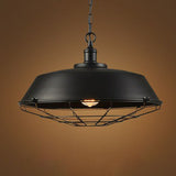 Vintage Pot Lid Iron Pendant With Cage Bottom - Industrial Hanging Lamp In Black