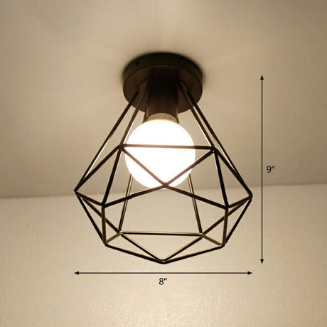 Black Geometric Semi-Flush Mount Ceiling Light With Metallic Antique Finish And Single Bulb For