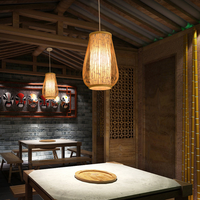Sleek Handwoven Wood Suspension Light - Minimalist Rattan Pendant Ceiling Lamp / C