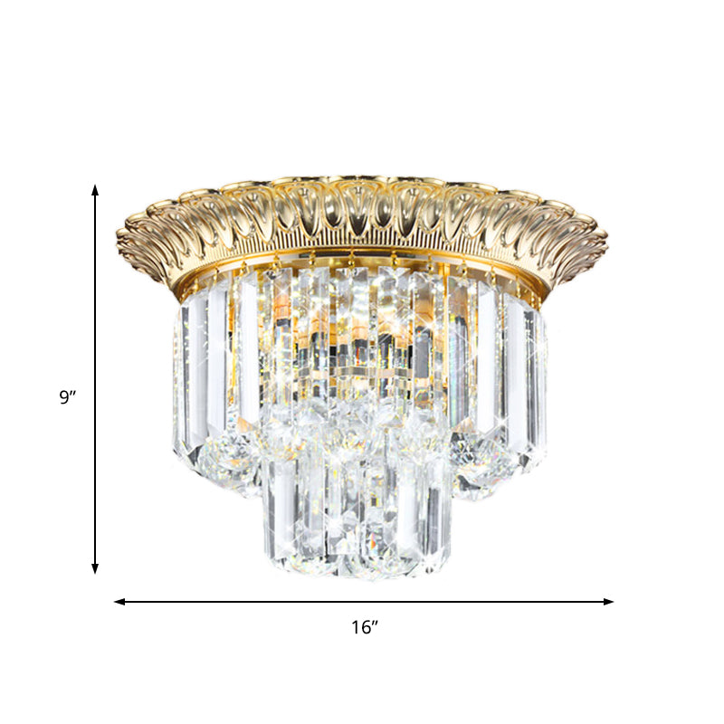 2-Tier Minimalist Crystal Flush Light With Led Golden Indoor Ceiling Lighting 14/16 Diameter